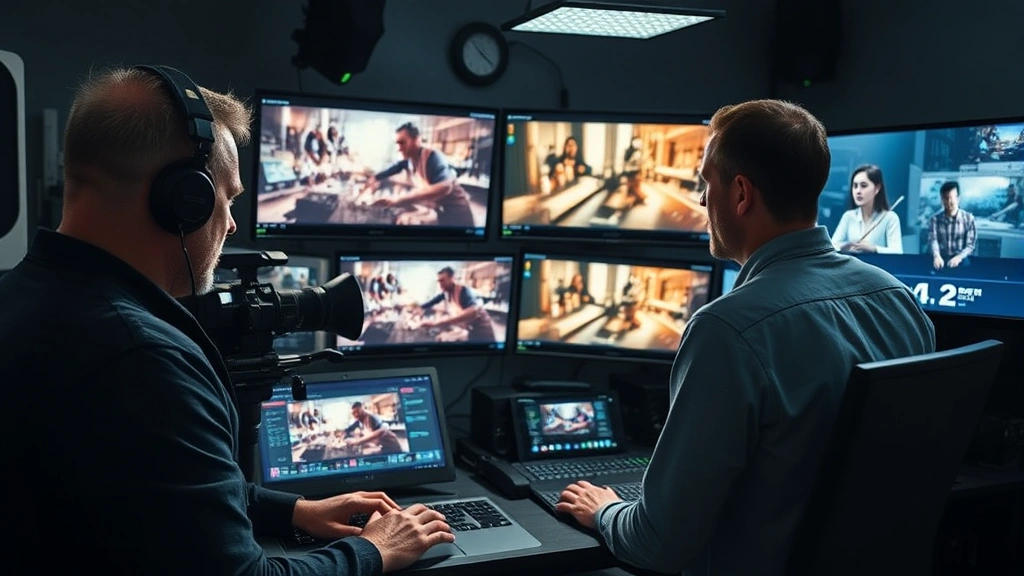 Post-production digital editing suite with multiple monitors displaying film footage, color grading interface visible, professional filmmaker reviewing cinematography work with sophisticated technical setup