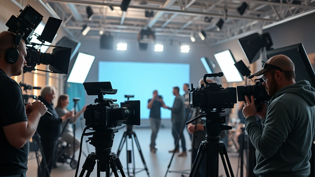 Film production set with professional cameras, lighting rigs, and crew members working on cinematography, modern equipment visible, indoor studio environment, cinematic lighting setup, no readable text