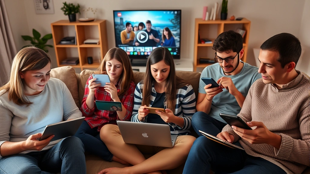 Diverse group of people watching entertainment on various devices simultaneously—some on tablets, laptops, smartphones—representing platform fragmentation and streaming consumption, casual home environment, no screen content visible