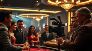 Professional film production scene with diverse actors in modern casino setting, dramatic lighting, sophisticated composition, no text or interfaces visible