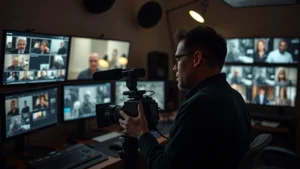 Filmmaker reviewing documentary footage on professional cinema camera in dimly lit editing suite, surrounded by monitors displaying archival materials and interview sequences, focused concentration