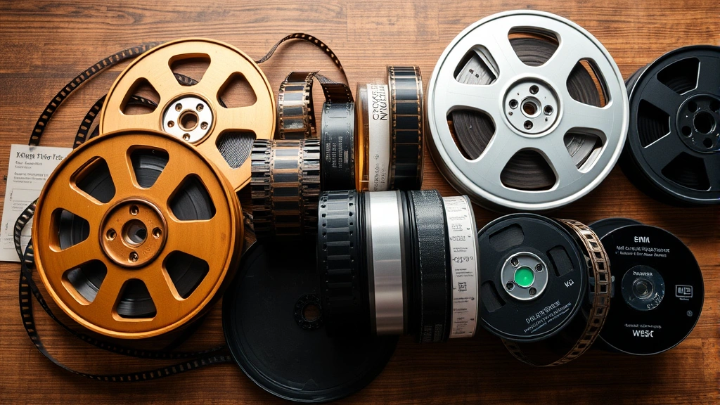Archive of vintage film reels and contemporary digital storage media arranged together on wooden table, representing blend of historical documentation and modern filmmaking technology
