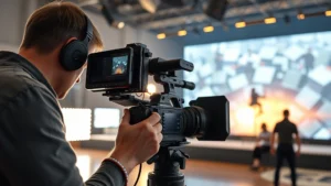 Professional cinematographer operating advanced digital camera on action film set, capturing dynamic stunt sequence with LED volume stage visible in background, modern filmmaking technology in contemporary studio environment