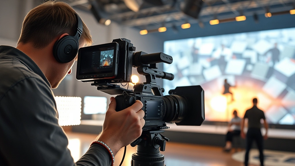 Professional cinematographer operating advanced digital camera on action film set, capturing dynamic stunt sequence with LED volume stage visible in background, modern filmmaking technology in contemporary studio environment