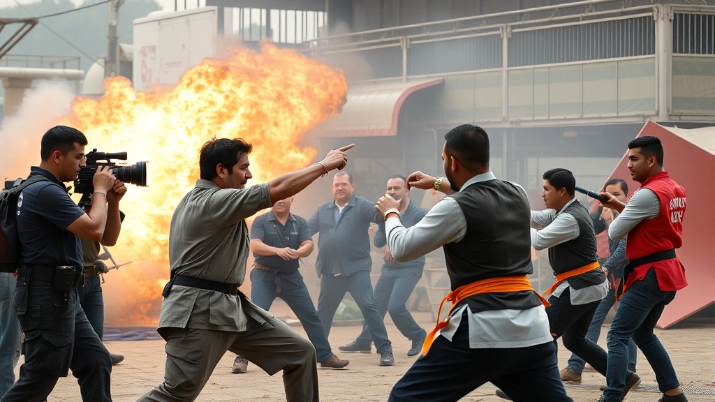 International action film set with diverse crew members coordinating complex fight choreography, martial arts performers executing intricate movements, practical stunt work in progress with safety protocols visible