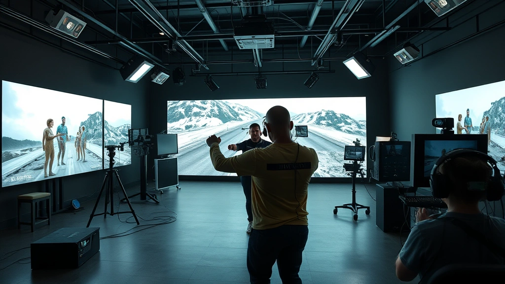 State-of-the-art motion capture studio with performer wearing sensors during action sequence, virtual production technology and digital effects monitoring stations, cutting-edge filmmaking technology creating immersive action content