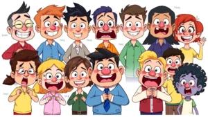 Diverse animated characters with exaggerated expressions showing different emotions, vibrant colors, dynamic poses, professional animation style, no text or interfaces visible