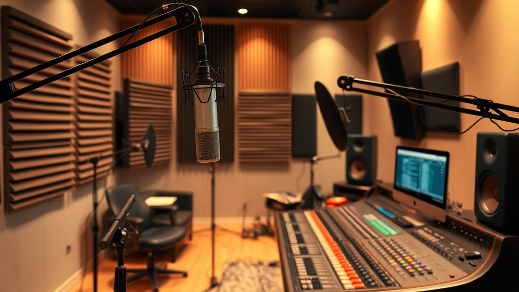 Modern recording studio setup with professional microphone, soundproofing panels, mixing console, warm lighting, creative workspace atmosphere, no people visible