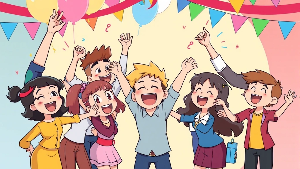 Animated character celebration scene showing teamwork and camaraderie, colorful backgrounds, joyful expressions, dynamic composition, professional animation quality, no readable text