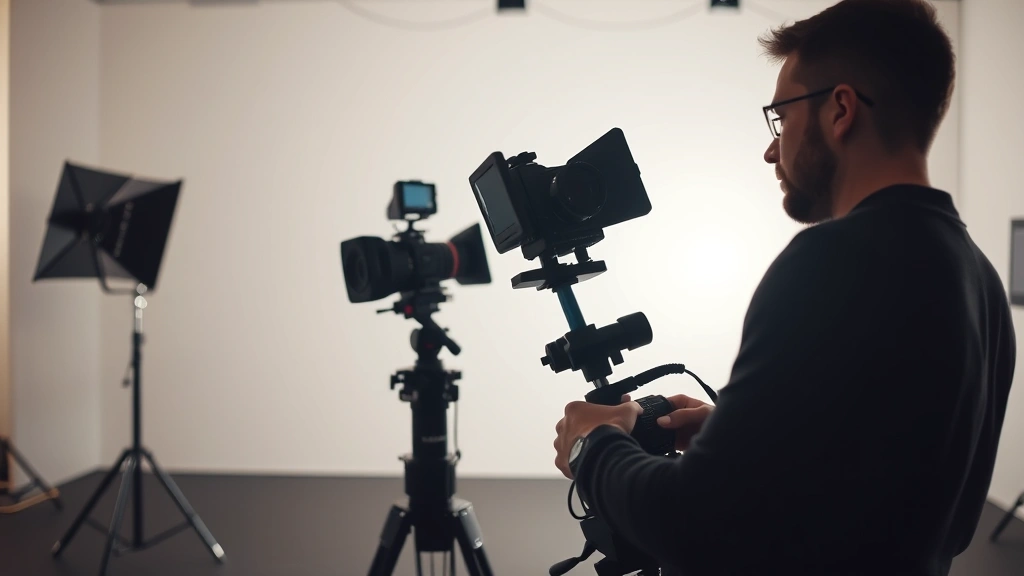 Professional film production scene with cinematographer adjusting camera equipment in a minimalist studio setting, dramatic lighting highlighting technical precision and creative focus, modern digital equipment visible