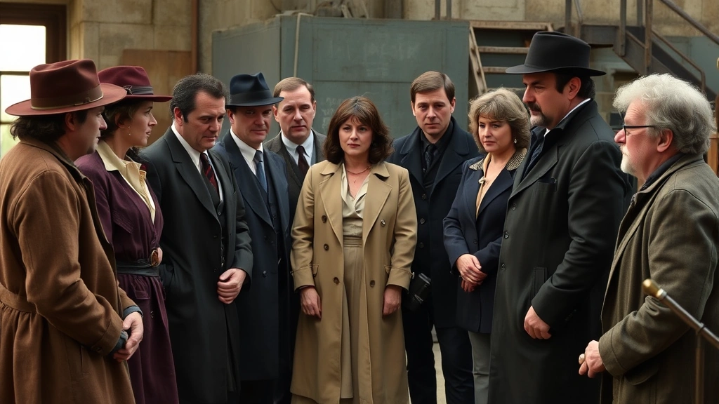 Diverse ensemble of actors in period costume from 1990s crime drama, gathered in discussion with director, showing collaborative creative process with genuine engagement and professional intensity