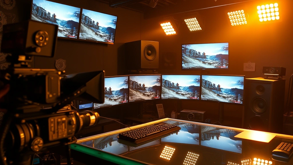 Film editing suite with color-grading monitors displaying cinematic scenes, professional video production equipment, warm studio lighting reflecting on glass surfaces, showing post-production craftsmanship