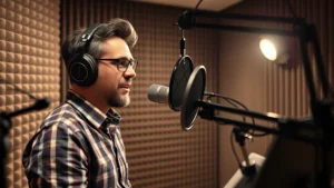 Professional voice actor recording in a modern soundproof booth with microphone, pop filter, and headphones, dramatic studio lighting highlighting concentration and technical equipment