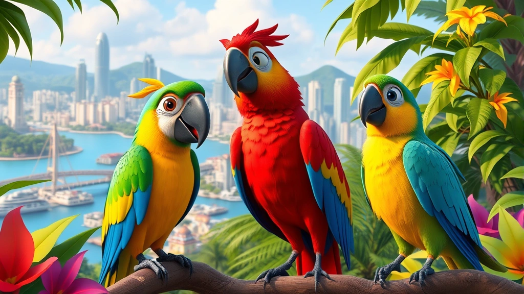 Animated colorful macaw and parakeet characters in a vibrant Rio de Janeiro setting with tropical foliage, water, and cityscape background, digital animation style showing character personality and movement