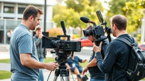 Film production crew operating professional cinema camera equipment on outdoor movie set with director and cinematographer in modern filmmaking environment