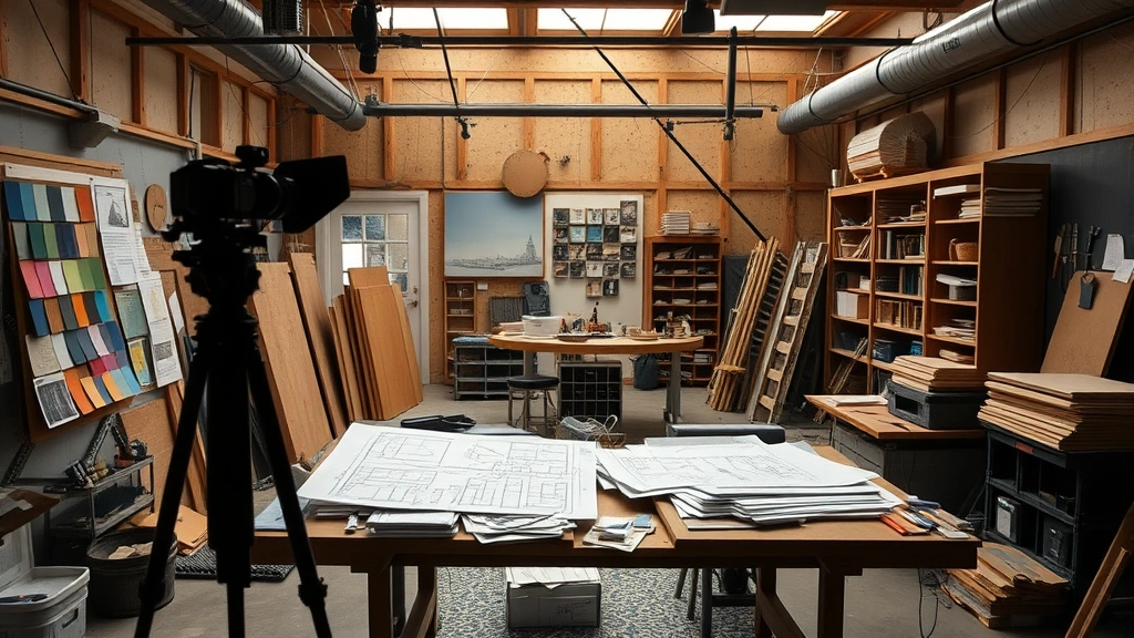 Behind-the-scenes production design workspace showing set blueprints, color swatches, and construction materials for immersive film environments