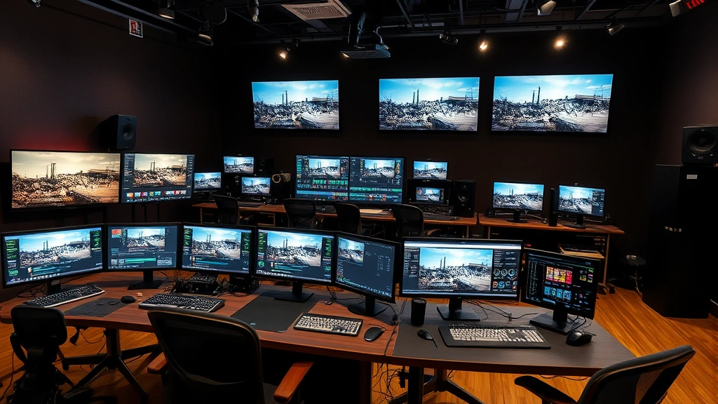 Post-production editing suite with color grading monitors displaying digital footage timeline and multiple technical workstations in professional studio