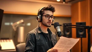 Professional voice actor in modern recording studio wearing headphones, standing before microphone with script, warm studio lighting, focused expression, contemporary animation industry setting, no visible text or screens