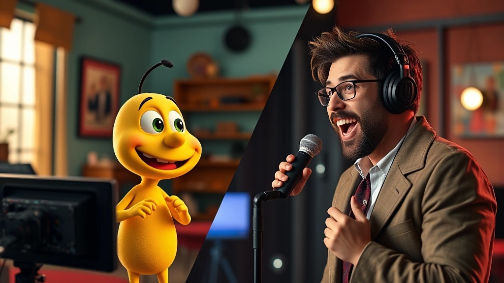 Split-screen concept showing animated yellow character and live-action comedian in separate environments, representing voice acting collaboration, dynamic composition, professional media production aesthetic, vibrant lighting