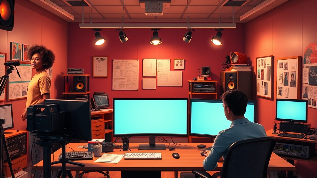 Behind-the-scenes animation production workspace with color-corrected monitors, storyboards on walls, professional equipment, creative team atmosphere, warm and collaborative environment, no legible text visible