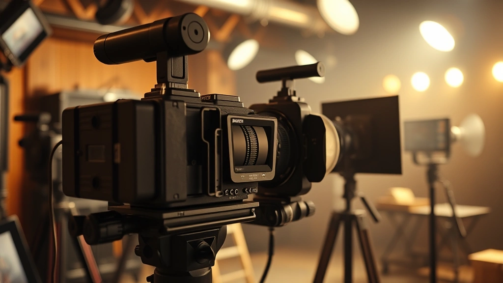 Retro film camera on vintage movie set with practical lighting rigs, cinematic depth of field, warm tungsten lighting, professional production environment, no visible actors or identifying information