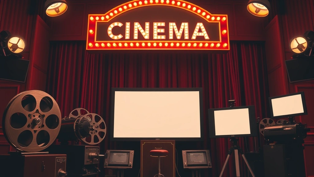Classic cinema marquee-style setting with vintage film reels and projection equipment, warm theatrical lighting, nostalgic atmosphere, sharp focus on equipment details, no visible text on screens
