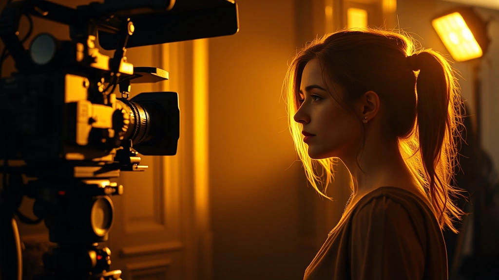 Professional female actor on film set with camera and lighting equipment in soft golden hour lighting, cinematic production environment, serious artistic atmosphere, no text or screens visible