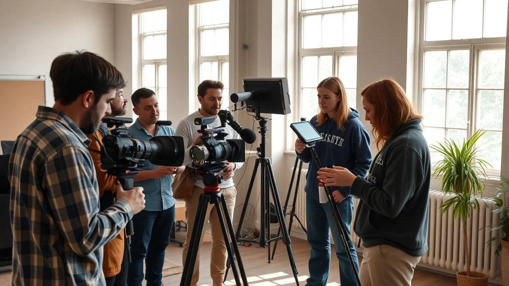 Independent film production scene showing diverse crew collaborating on creative project, natural lighting through windows, authentic behind-the-scenes moment, no visible screens or text