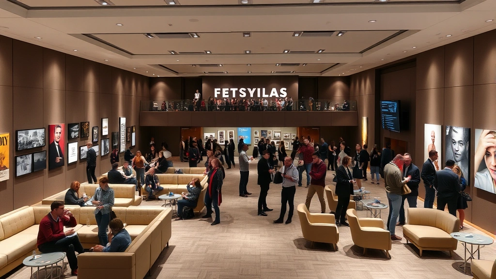 Modern film festival venue with elegant interior design, comfortable seating areas, artistic atmosphere, people networking and discussing cinema, contemporary gallery-style space, no signage or text readable