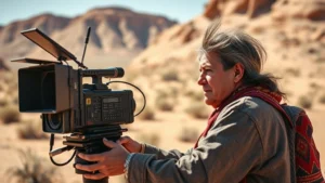 Indigenous filmmaker operating professional cinema camera in desert landscape, focused expression capturing natural sunlight on equipment, authentic production setting without visible text or screens