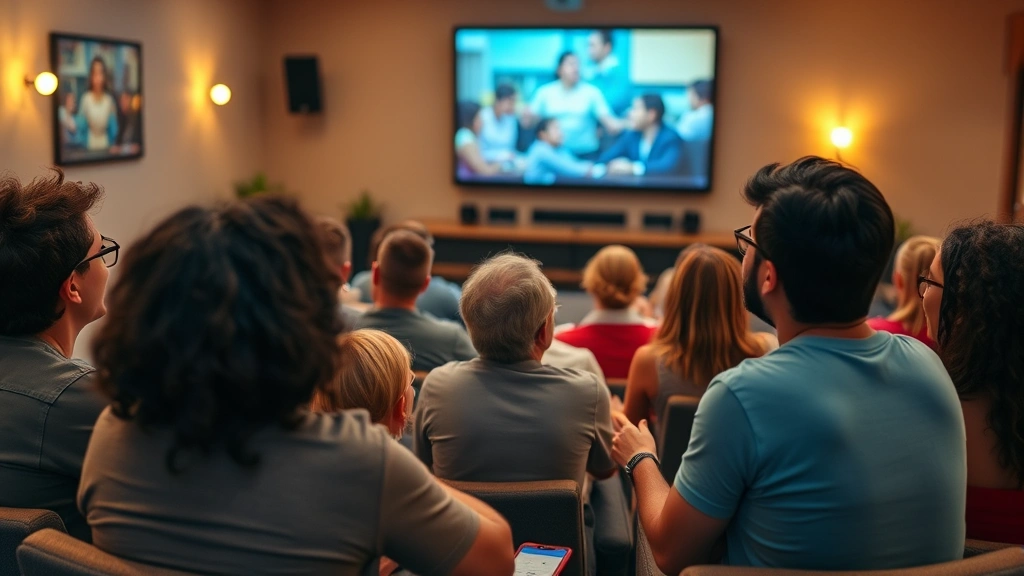 Diverse community members in casual setting viewing film together on large screen, engaged expressions showing emotional connection to storytelling, warm indoor lighting, no visible text on screen content
