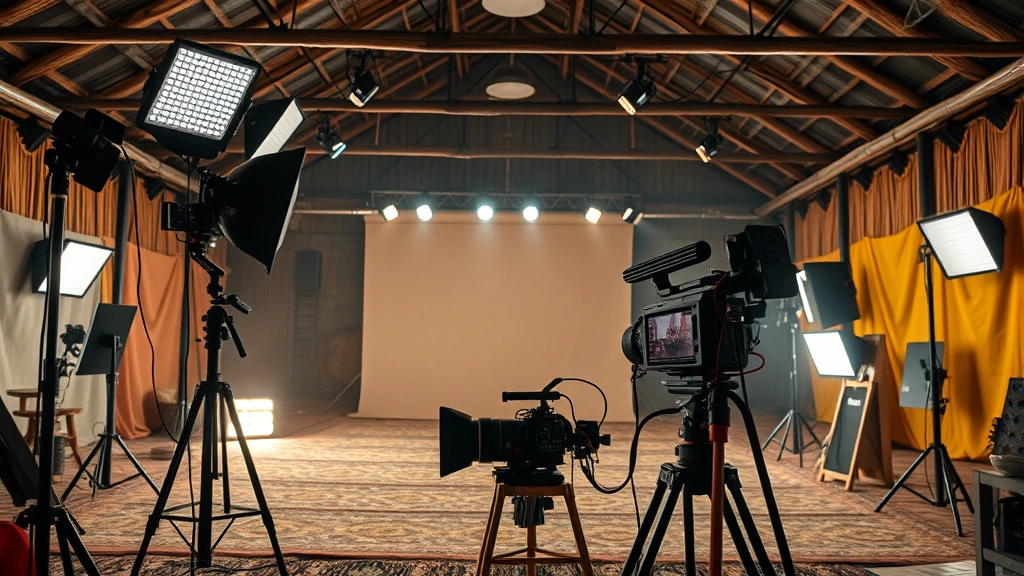 Modern film production setup with lighting rigs and camera equipment in indigenous cultural space, professional technical arrangement demonstrating sophisticated production capability, no visible screens or interface elements