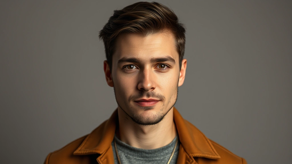 Professional headshot of male actor in modern studio lighting, neutral background, natural expression, contemporary fashion, cinematic quality