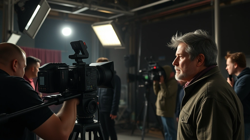 Film production set scene with actor in character during scene setup, professional lighting rig visible, crew members working, authentic behind-the-scenes documentary style