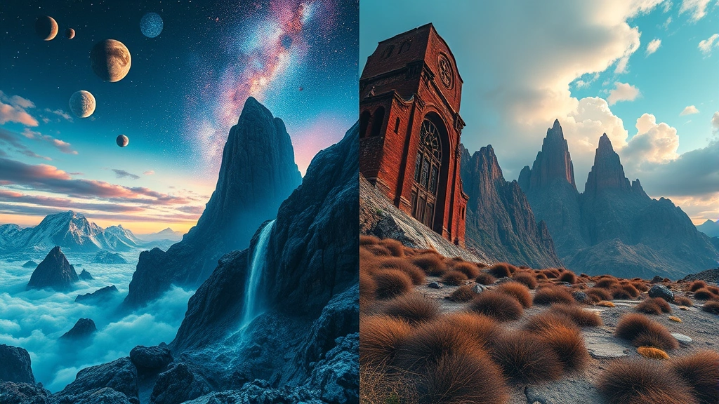 Split-screen composition showing contrasting visual worlds side by side with rich color grading and depth of field, surreal and grounded elements coexisting, no text