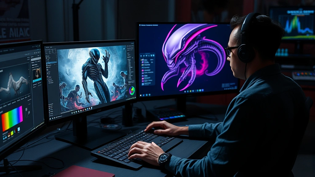 Professional digital art workspace showing designer working on futuristic alien creature poster design with multiple monitor displays, color palettes, and design software interface visible in background, dramatic lighting emphasizing creative process