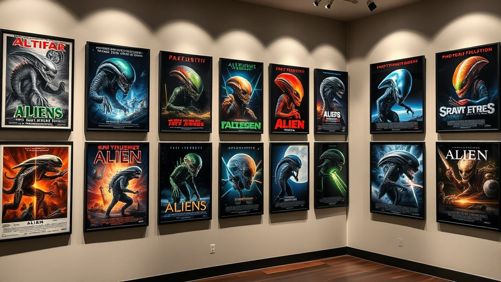 Gallery wall displaying collection of alien movie posters from different eras arranged chronologically, showing evolution from hand-painted artwork to photorealistic digital designs, theatrical lighting highlighting compositional differences and color palette changes