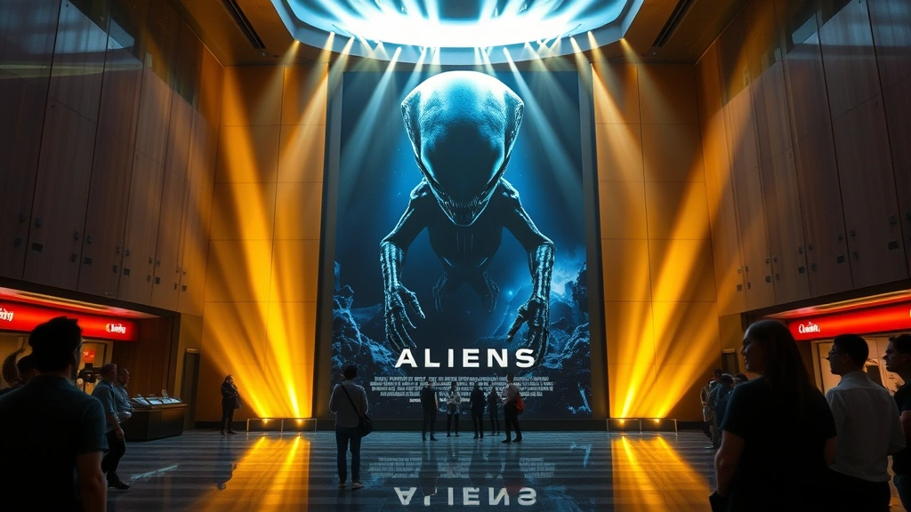 Modern movie theater lobby featuring large-scale alien movie poster installation with dynamic lighting effects, showing how theatrical format displays poster designs at scale, with audience members viewing the display from various distances demonstrating visual impact