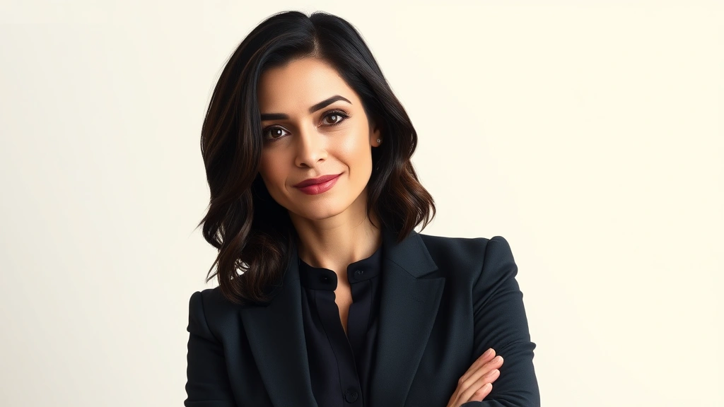 Woman actress with dark hair wearing professional attire against neutral background, confident pose, studio lighting, digital media aesthetic