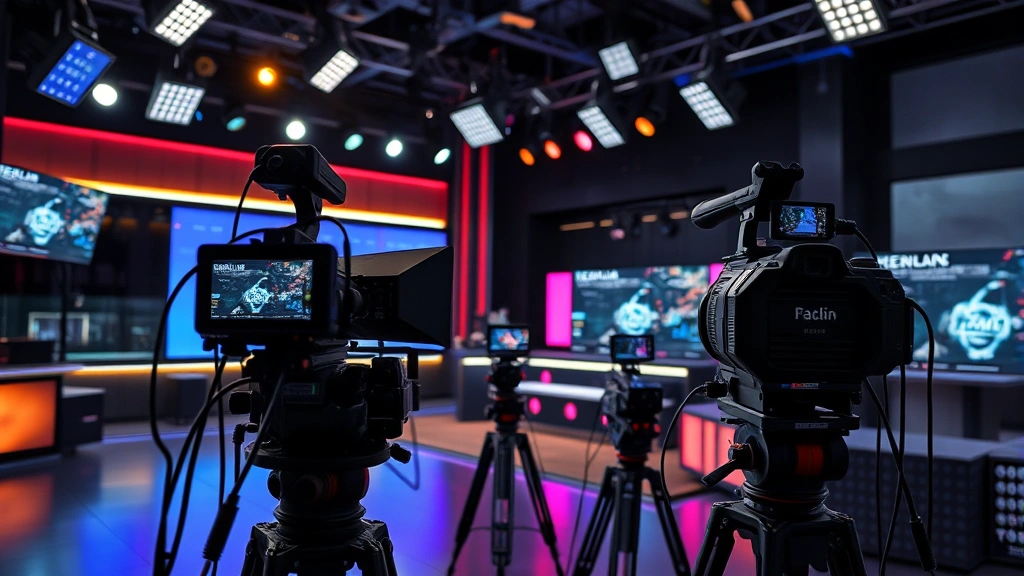 Television production set with cameras and lighting equipment, professional broadcast environment, modern studio setup with technology visible
