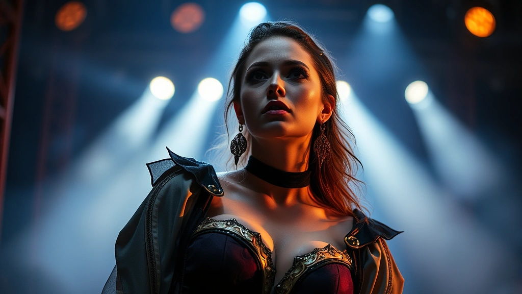 Female performer in character makeup and costume on dramatic set, theatrical lighting emphasizing emotion and depth, cinematic quality
