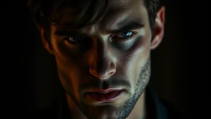 Close-up of a male actor in dimly lit dramatic scene, intense emotional expression, cinematic depth of field, professional film production lighting, serious contemplative mood