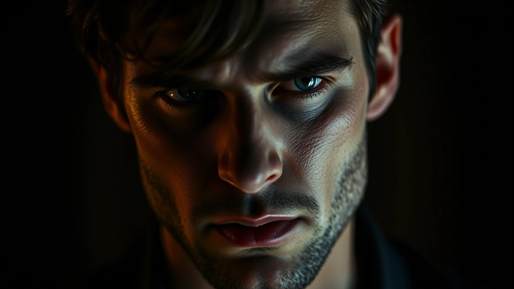 Close-up of a male actor in dimly lit dramatic scene, intense emotional expression, cinematic depth of field, professional film production lighting, serious contemplative mood