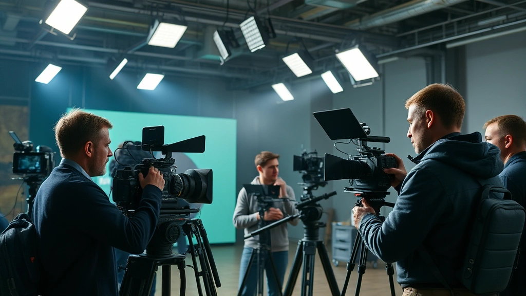 Film production set with professional cinematography equipment, crew working with actor, overhead lighting rigs, contemporary streaming production environment, creative collaboration atmosphere
