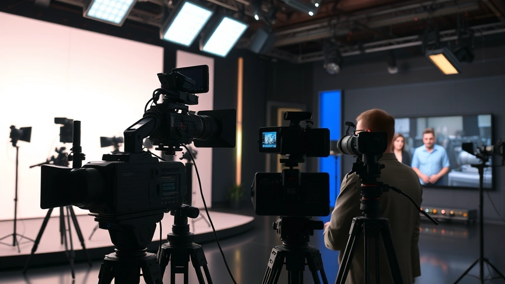 Modern television studio with multiple camera setup, professional broadcast lighting, actor performing dramatic scene, contemporary digital production technology, high-end entertainment facility