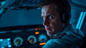 Pilot at aircraft controls with instrument panel illuminated, intense focused expression, high-altitude cabin interior, cool blue lighting, realistic cockpit environment, dramatic tension conveyed through facial expression and professional setting, no text or screens visible
