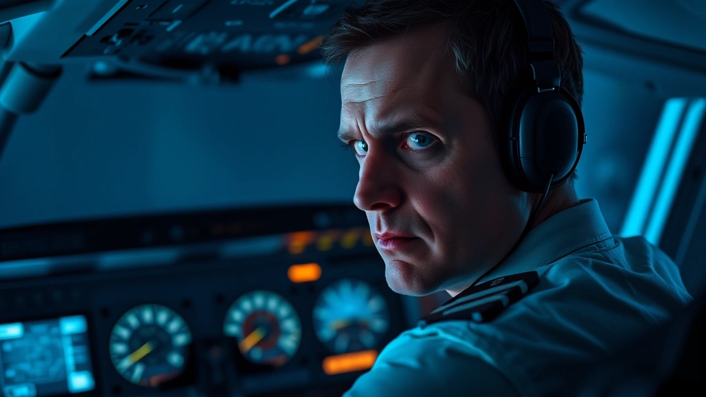 Pilot at aircraft controls with instrument panel illuminated, intense focused expression, high-altitude cabin interior, cool blue lighting, realistic cockpit environment, dramatic tension conveyed through facial expression and professional setting, no text or screens visible