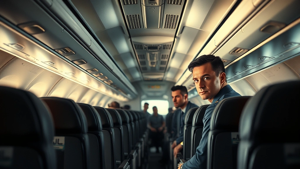 Aircraft cabin interior with crew members, high-altitude environment, realistic airplane seating and overhead compartments, tense atmosphere conveyed through composition and lighting, professional cabin crew uniforms, authentic aviation setting, no visible screens or interface elements