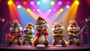 Vibrant animated chipmunks characters performing on a concert stage with colorful stage lights and musical instruments, energetic performance atmosphere, digital animation style, no text or interface elements