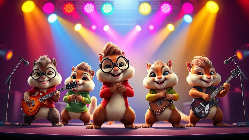 Vibrant animated chipmunks characters performing on a concert stage with colorful stage lights and musical instruments, energetic performance atmosphere, digital animation style, no text or interface elements